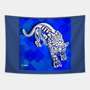 wild tiger in mandala ecopop jungle art in blue Tapestry