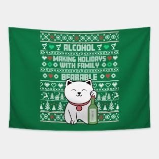 Ugly Christmas Sweater - Cute cat drinking alcohol Tapestry