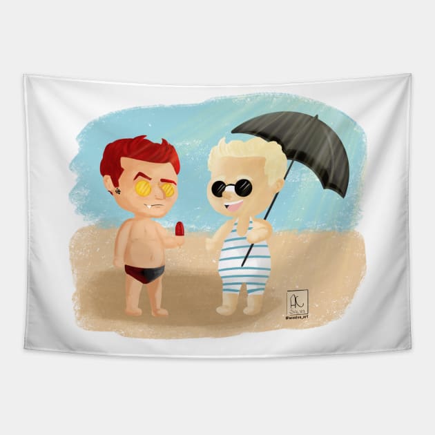 Umbrella Aziraphale and Sunglasses Crowley Tapestry by AC Salva