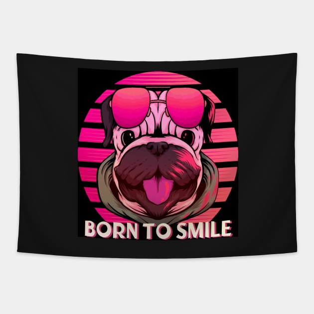 Pug dog born to smile. Funny retro aviator style pug dog on pink. Tapestry by Rebeldía Pura