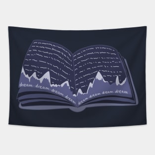 Dark blue, magic dreamer book with snowy mountains and the night sky with stars (for readers) Tapestry