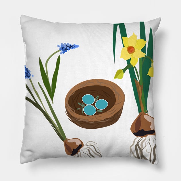 Spring flowers and birds nest Pillow by Orangerinka