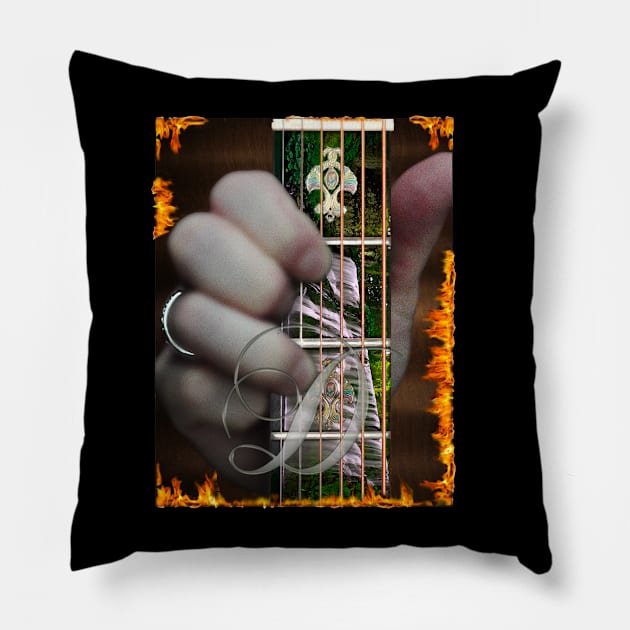 My hand forming the D chord. Pillow by Mike White Art