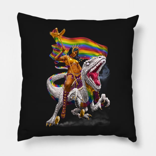 Rainbow Velociraptor Warrior Pillow by AyotaIllustration