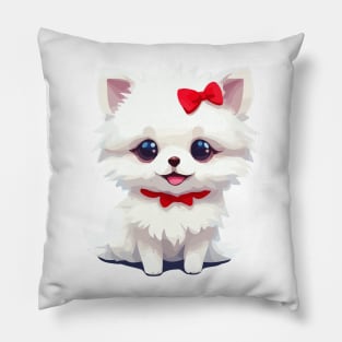 Cute adorable white Pomeranian with red bow tie Pillow