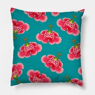 Chinese Vintage Pink and Red Flowers with Teal Blue - Hong Kong Traditional Floral Pattern Pillow