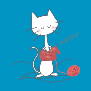 White Knitting Cat - Teal T-Shirt