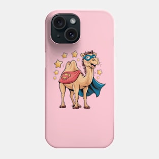 Creative and humorous vector print of a Bactrian camel, wearing a superhero cape and mask, standing confidently with a cheerful smile Phone Case