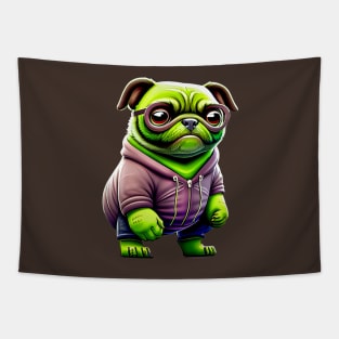 Green Pug in Muscular Costume - Adorable, Angry and Grumpy Dog Outfit Tapestry