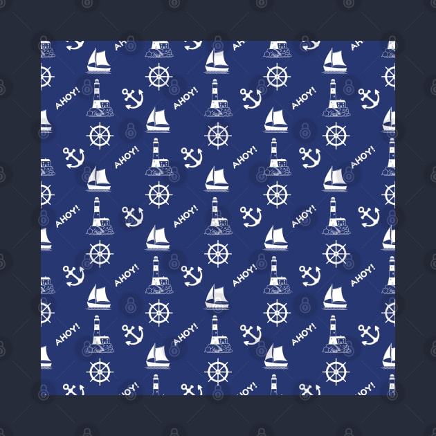 Sailing Illustrative Pattern White on Navy Blue by NataliePaskell