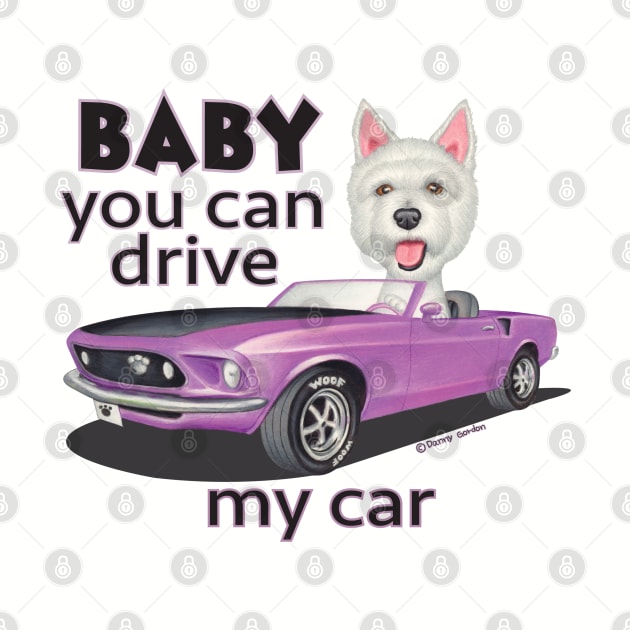 Cute adorable sweet Westie Driving a Classic Mustang by Danny Gordon Art