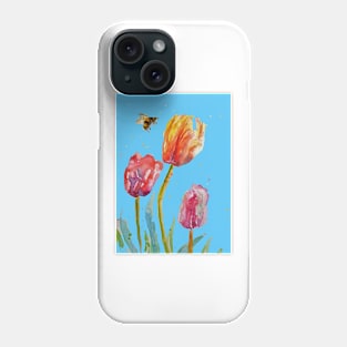 Tulip Flower Watercolor Painting and Bee on Blue Phone Case