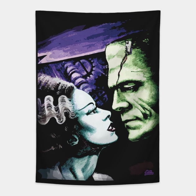 Bride of Frankenstein Monsters in Love Tapestry by monstermangraphic