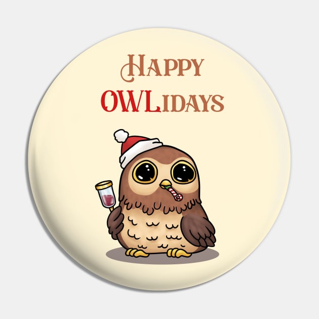 Happy Owlidays Christmas Owl Pin by Takeda_Art