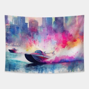 Artistic illustration of high speed boats on the waterfront Tapestry