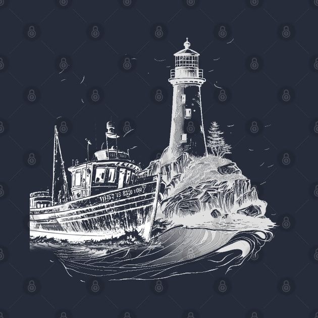 lighthouse with an old boat in vintage style by megadeisgns