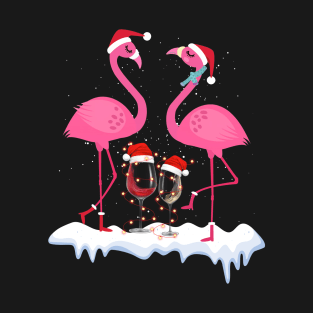 Flamingo Wine Christmas Santa Hat Xmas Light Merry Christmas T-Shirt