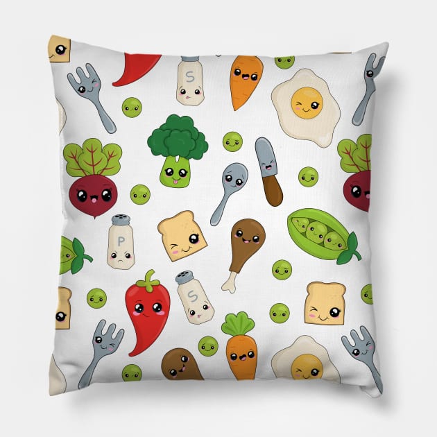 Cute Kawaii Food Pattern Pillow by valentinahramov