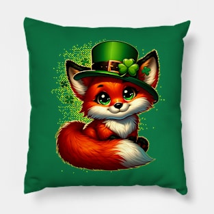 St. Patrick's Day Cute Fox in Green Hat with Shamrock Decoration Pillow