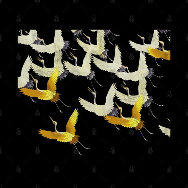 GOLD YELLOW WHITE FLYING CRANES IN BLACK Japanese Pattern by BulganLumini