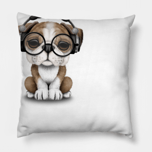 English Bulldog Puppy Dj Wearing Headphones and Glasses Pillow