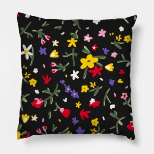 Rainbow Ditsy Flower Pattern Over Black Pillow