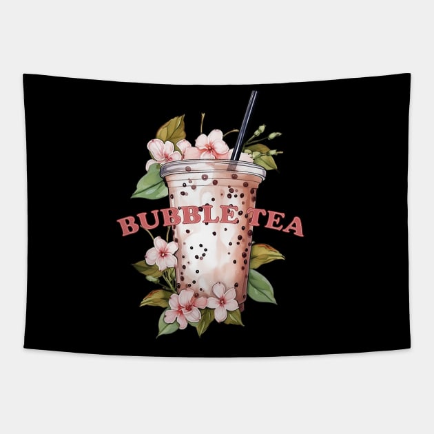 BUBBLE TEA - boba tea - flowers and green leafs Tapestry by OurCCDesign