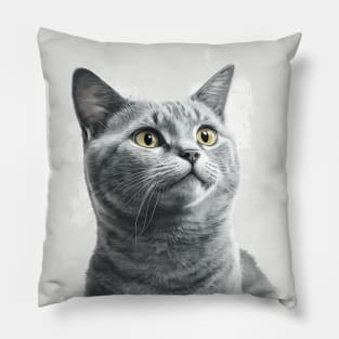 Illustration of grey haired concentrated cat looking to the side Pillow