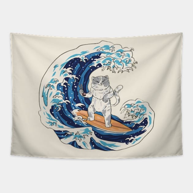 Japanese wave surfing cat Tapestry by EdStark