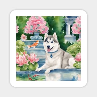 Husky and a flying fish, whimsical watercolor painting Magnet