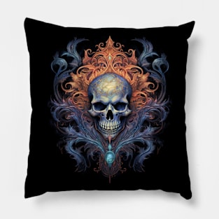 Skull on Blue Fire: Baroque Vintage Ornament Background Pillow