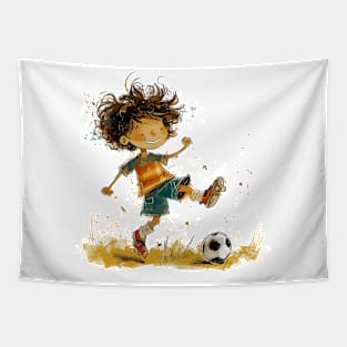 Little Boy Playing Soccer Tapestry