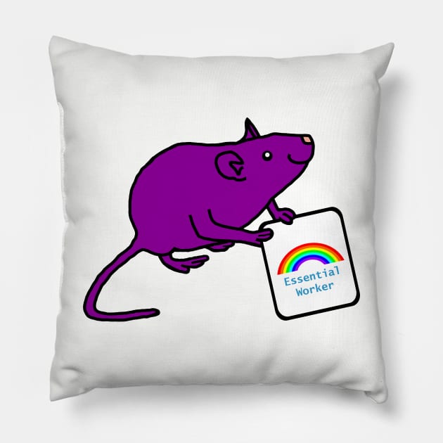 Purple Rat with Essential Worker Rainbow Sign Pillow by ellenhenryart