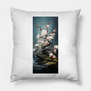 Bonsai tree blossoming with pink flowers near pond Pillow