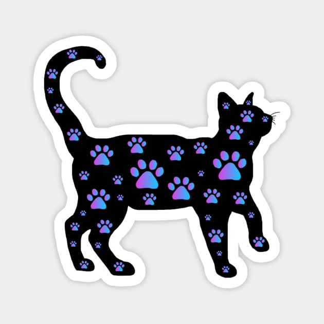 Blue Purple Paw Print Black Cat Silhouette Magnet by Art by Deborah Camp