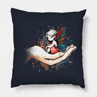 Woman Cradling Fairy in Palm Of Hand Watercolor Design | Dark Pillow