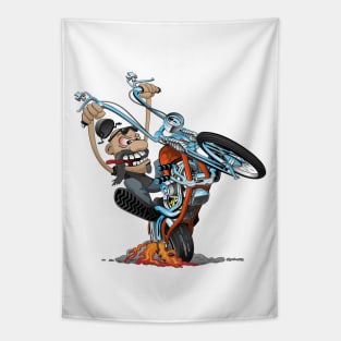 Funny biker riding a chopper, popping a wheelie motorcycle cartoon Tapestry