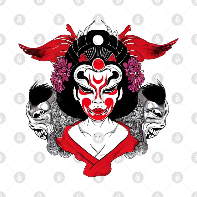 Japanese geisha with oni mask, tattoo style design by Ravenglow