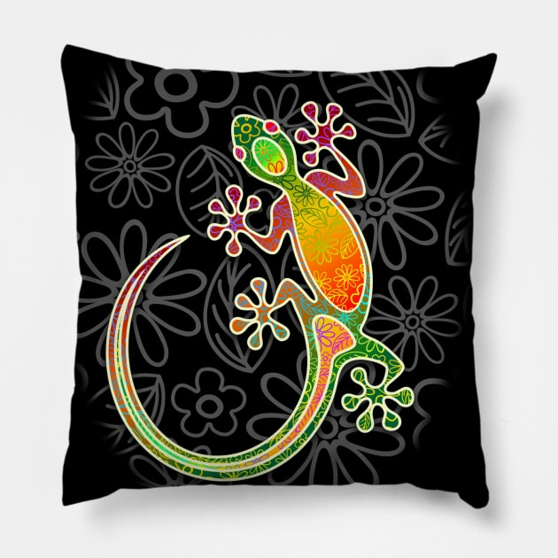 Gecko Floral Tribal Art Pillow by BluedarkArt