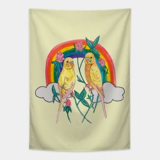 Two colorful parrot budgies with rainbow Tapestry