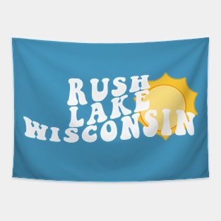 Sunshine in Rush Lake Wisconsin Retro Wavy 1970s Summer Text Tapestry