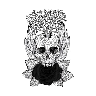 Vampire Skull Biting Black Rose - Alt Clothing Aesthetic Goth T-Shirt