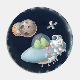 Open space with astronauts and aliens. Pin