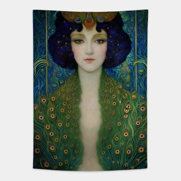 Art Deco style portrait of a Woman in Peacock Fashion Tapestry by Sandy Richter Art & Designs