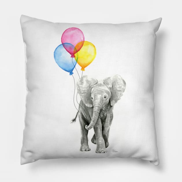 Baby Elephant Watercolor with Balloons Pillow by Olechka