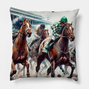 Artistic illustration of horses and jockeys in a horse race Pillow