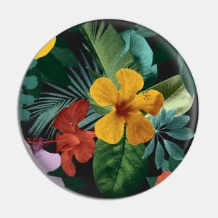 Colorful tropical flowers and leaves. Hibiscus flower, Palm leaves vibrant summer exotic print. Pin