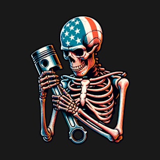 USA Patriotic Skeleton Piston Rod Garage Cars Racing American Flag 4th of July Independence Day T-Shirt