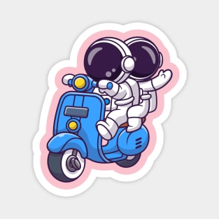 Cute Couple Astronaut Riding Scooter Cartoon Magnet