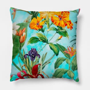 Colorful tropical floral leaves botanical illustration, tropical plants,leaves and flowers, aqua blue leaves pattern Pillow
